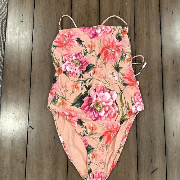 NWT Express Pink Floral Strappy Lace-Up Body Contour One-Piece Swimsuit #S01 - Picture 7 of 15